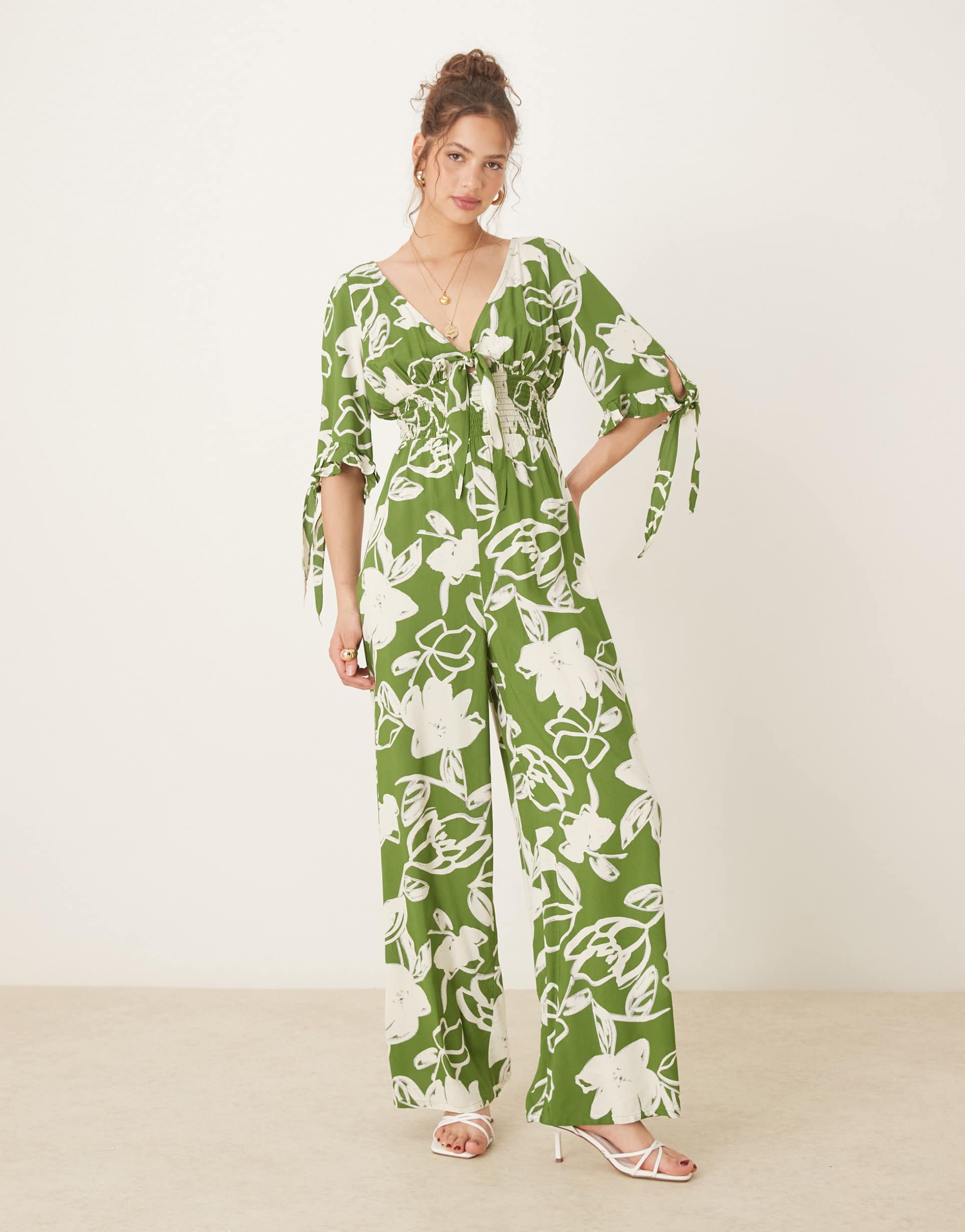 asos design shirred waist jumpsuit in green floral