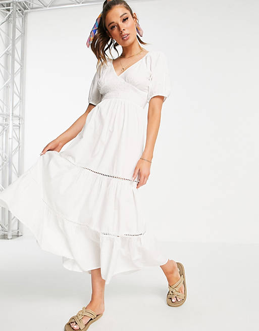 Women shirred waist lace insert maxi dress in white 