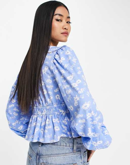 ASOS DESIGN shirred waist long sleeve top in blue floral print, 2 of 4