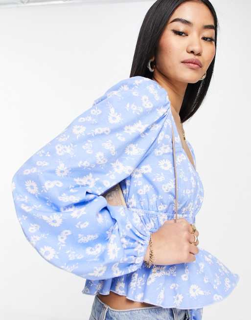 ASOS DESIGN shirred waist long sleeve top in blue floral print, 3 of 4