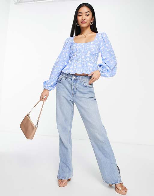 ASOS DESIGN shirred waist long sleeve top in blue floral print, 4 of 4