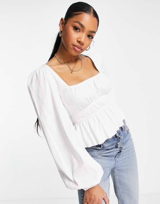 ASOS DESIGN shirred waist long sleeve top in white