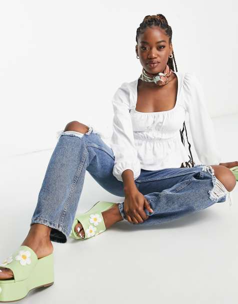 ASOS DESIGN shirred waist long sleeve top in white - view 1