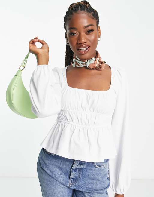 ASOS DESIGN shirred waist long sleeve top in white