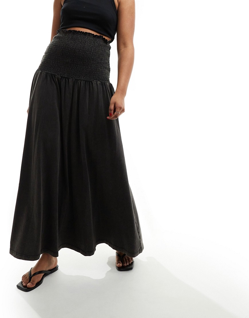ASOS DESIGN shirred waist low rise maxi skirt in acid wash grey