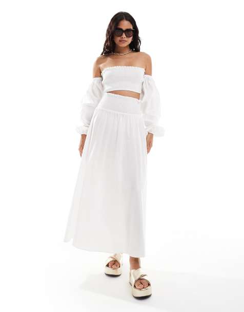 ASOS DESIGN shirred waist maxi co-ord skirt in white - view 1