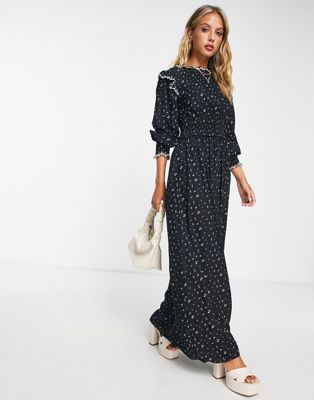 ASOS DESIGN shirred waist maxi ditsy print dress with contrast stitching in black