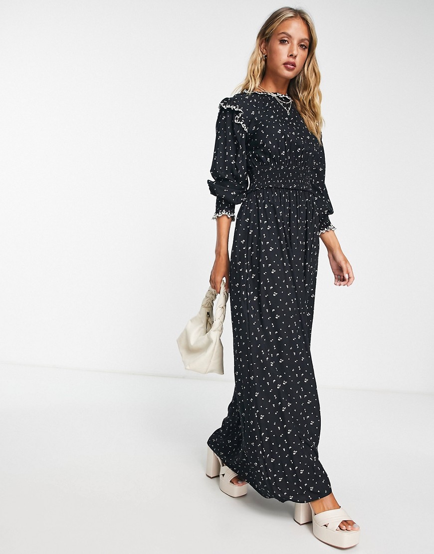 ASOS DESIGN shirred waist maxi ditsy print dress with contrast stitching in black-Multi