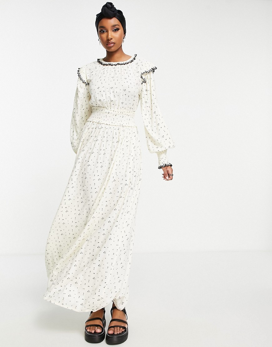 ASOS DESIGN shirred waist maxi ditsy print dress with contrast stitching in white-Multi