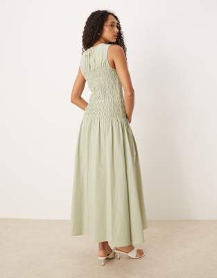 Asos Design Shirred Waist Maxi Dress In Green