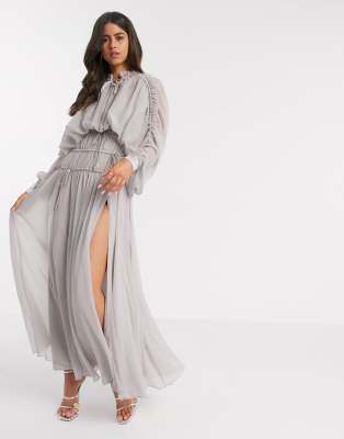 asos design maxi dress with wrap waist with horn detail in satin