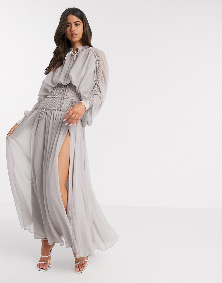 Asos Design Shirred Waist Maxi Dress With Satin Cuff-gray