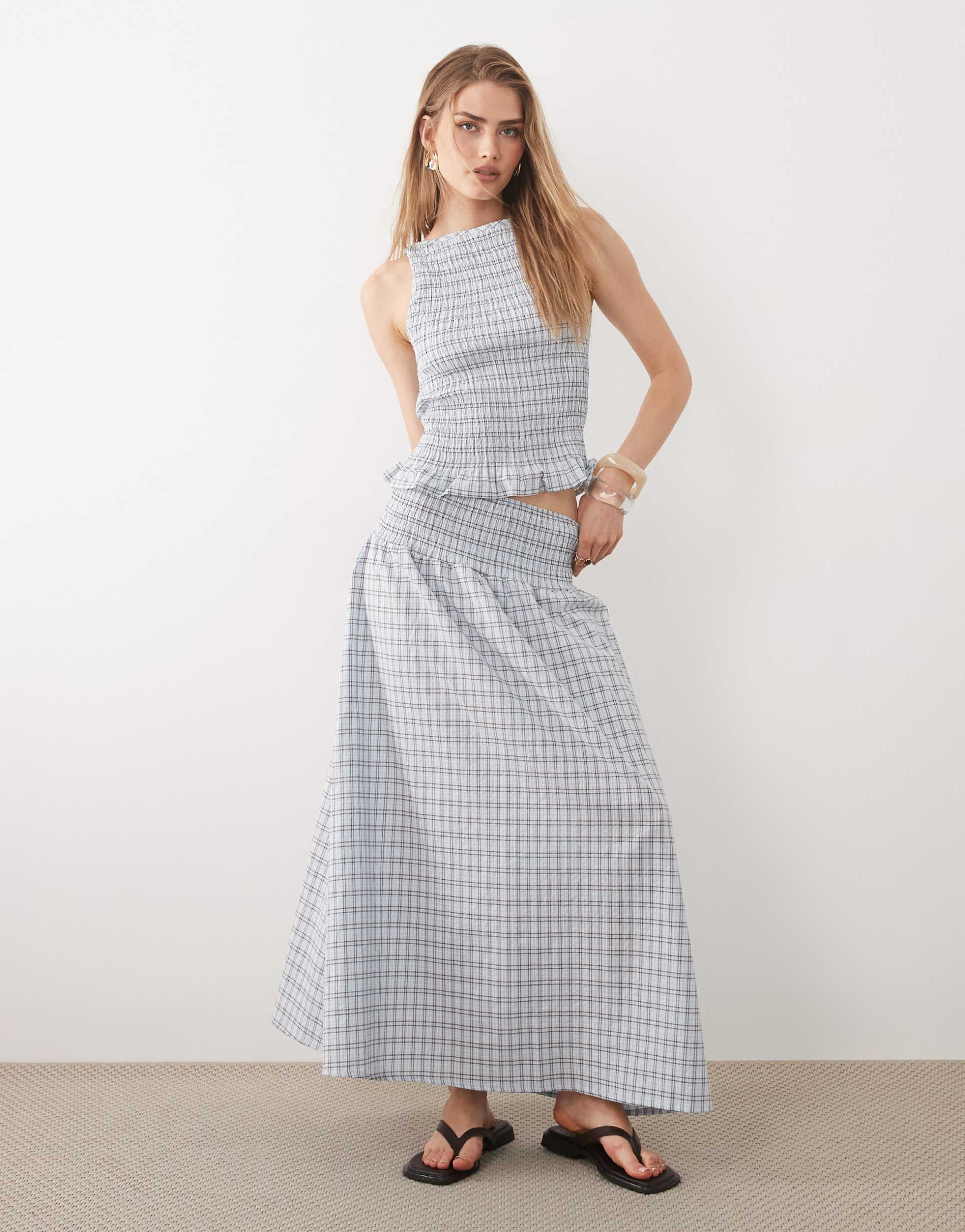 asos design shirred waist maxi skirt in blue plaid - part of a set