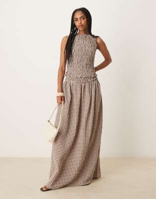 shirred waist maxi skirt in brown gingham