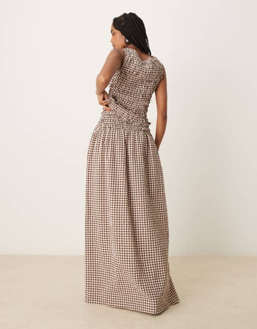 ASOS DESIGN shirred waist maxi skirt in brown gingham