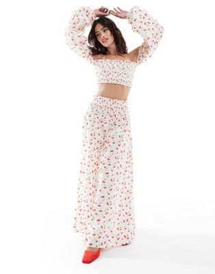 shirred waist maxi skirt in cherry print - part of a set-Multi