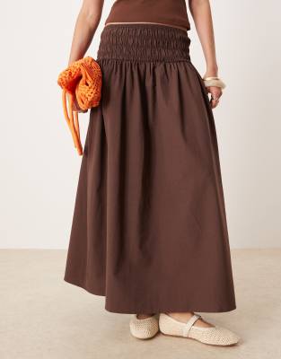 Asos Design Shirred Waist Maxi Skirt In Brown
