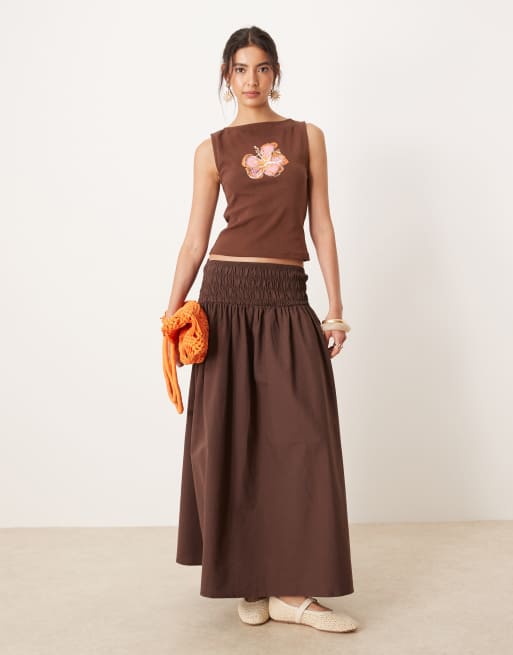ASOS DESIGN shirred waist maxi skirt in chocolate, 5 of 5