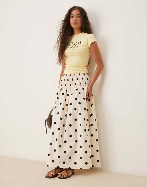 ASOS DESIGN shirred waist maxi skirt in cream polka dot