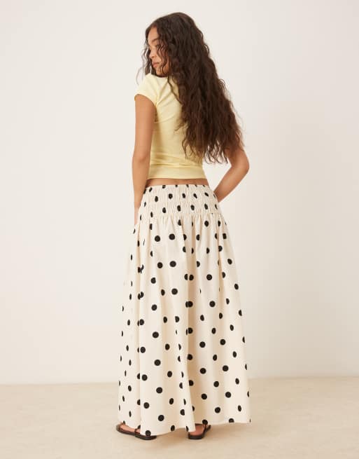 ASOS DESIGN shirred waist maxi skirt in cream polka dots, 2 of 5