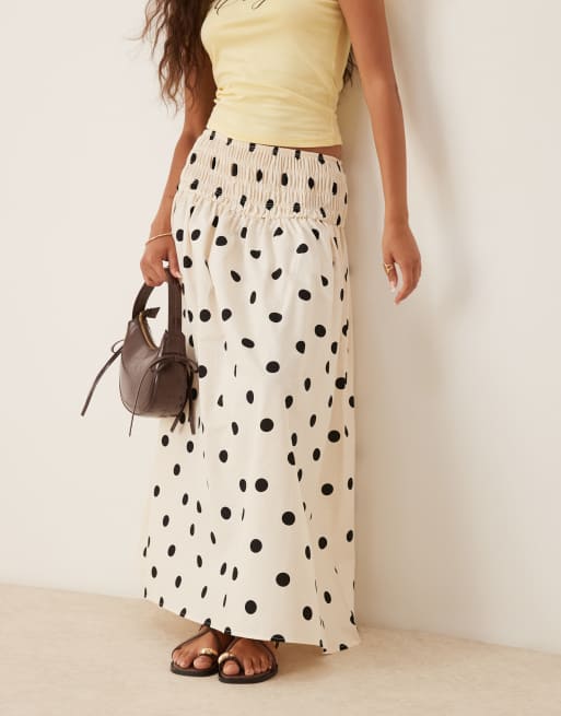 ASOS DESIGN shirred waist maxi skirt in cream polka dots, 3 of 5