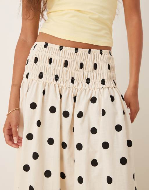 ASOS DESIGN shirred waist maxi skirt in cream polka dots, 4 of 5