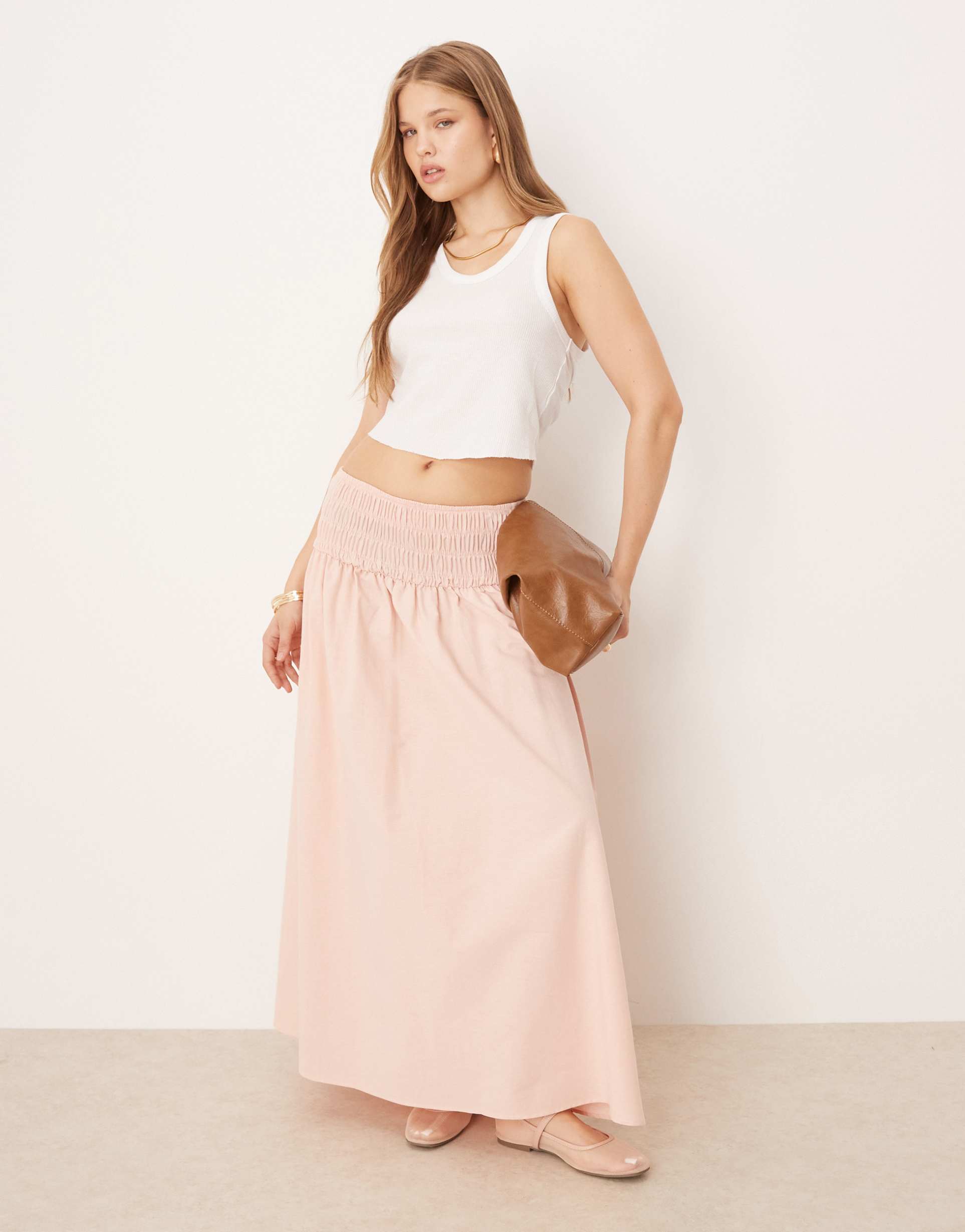 asos design shirred waist maxi skirt in pink