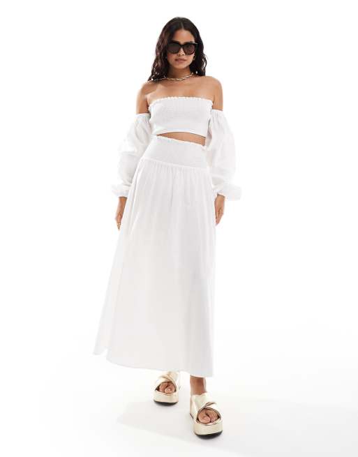 ASOS DESIGN shirred waist maxi skirt in white (part of a set)
