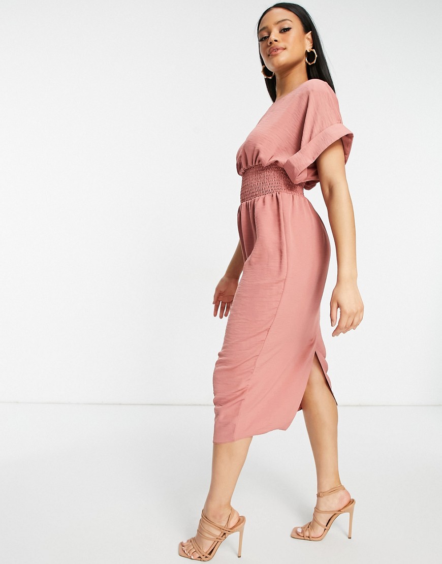 ASOS DESIGN shirred waist midi dress with fallen shoulder in rose-Pink