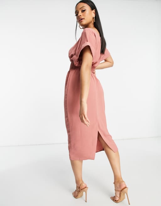 ASOS DESIGN shirred waist midi dress with fallen shoulder in rose