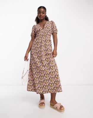 ASOS DESIGN shirred waist midi tea dress with volume sleeve in pink ditsy print