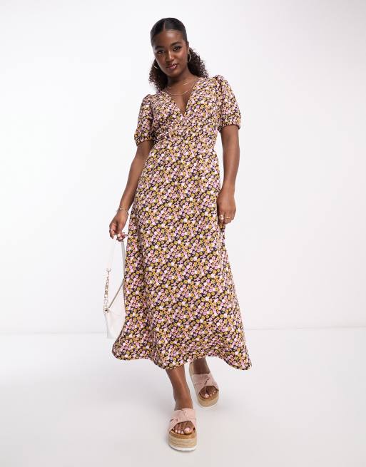 Ditsy Print Shirred Waist Maxi Dress