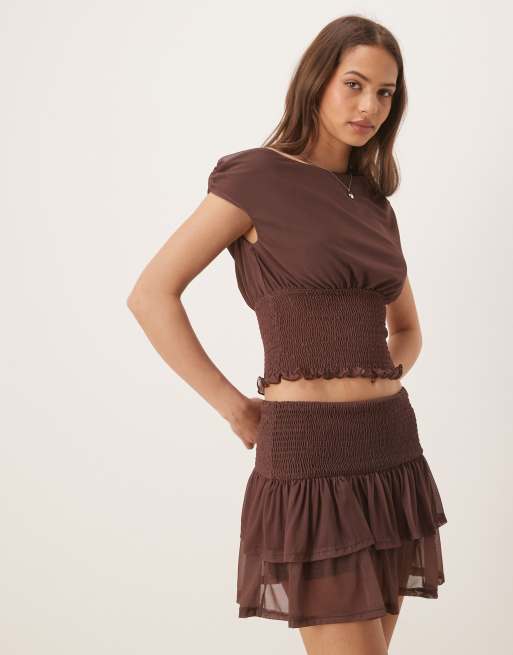 ASOS DESIGN shirred waist mini skirt in chocolate - part of a set, 3 of 5