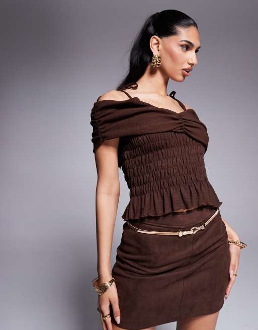 ASOS DESIGN shirred waist off shoulder tie top in brown