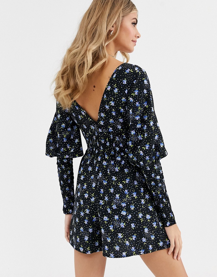 ASOS DESIGN shirred waist playsuit in blue ditsy floral-Multi