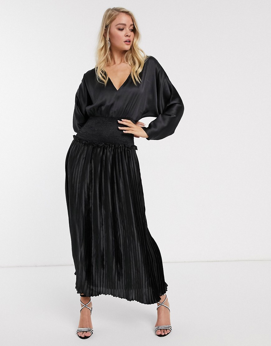 Asos Design Shirred Waist Pleated Maxi Dress In Satin In Black