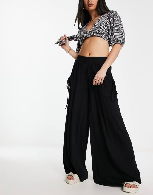 Plus Black Jersey Shirred Waist Wide Leg Pants