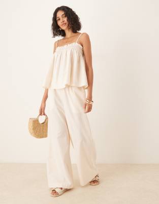 shirred waist pull on pants in cream - part of a set-White