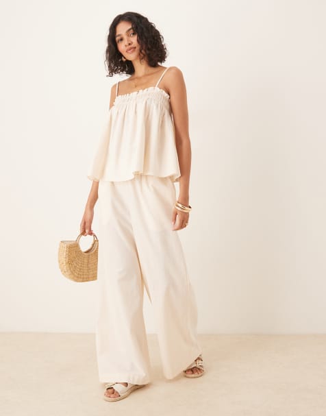 ASOS DESIGN shirred waist pull on pants in cream (part of a set) - view 1