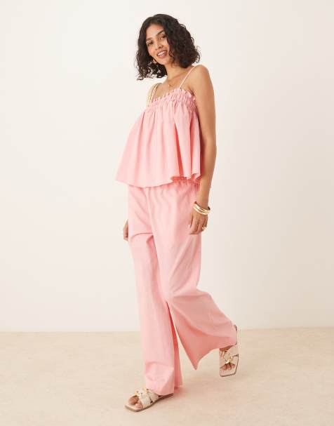 ASOS DESIGN shirred waist pull on pants in pink - part of a set - view 1