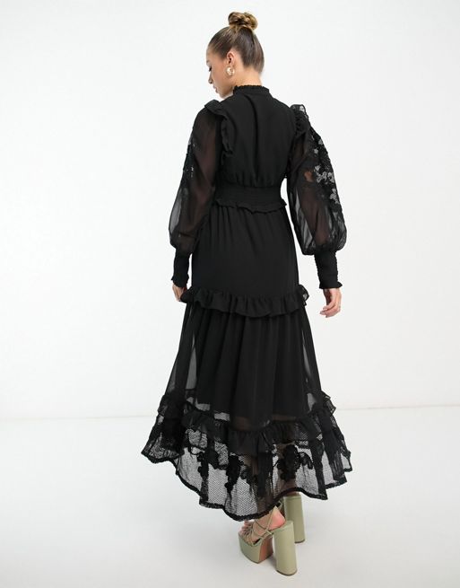 Black embroidered ruffled dress by Athira Designs