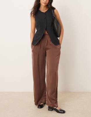ASOS DESIGN shirred waist satin pull on pants in mocha-Brown