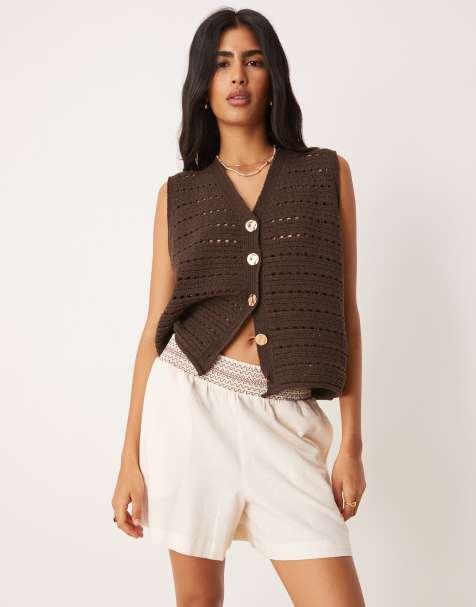 ASOS DESIGN shirred waist shorts in cream with brown - view 1