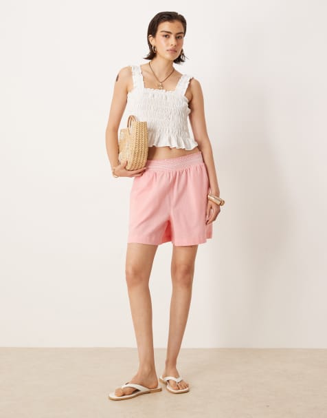ASOS DESIGN shirred waist shorts in pink with white - view 1