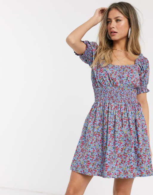 Asos Design Shirred Waist Square Neck Cotton Mini Smock Dress In Ditsy Floral Print Asos