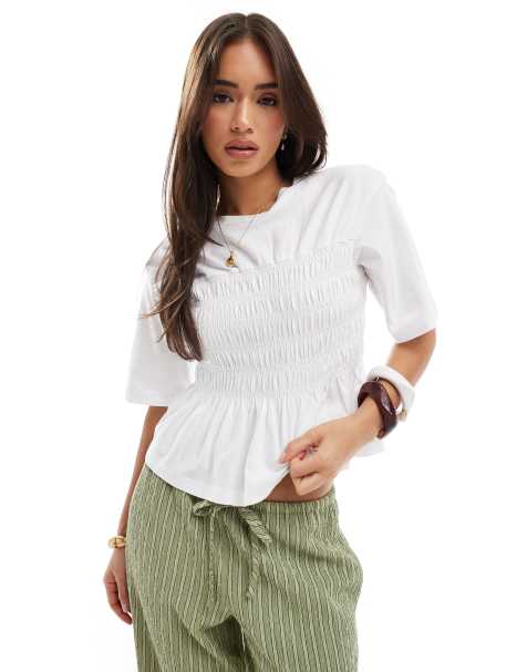 ASOS DESIGN shirred waist T-shirt in white - view 1
