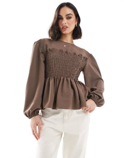 ASOS DESIGN shirred waist top in stone - view 1