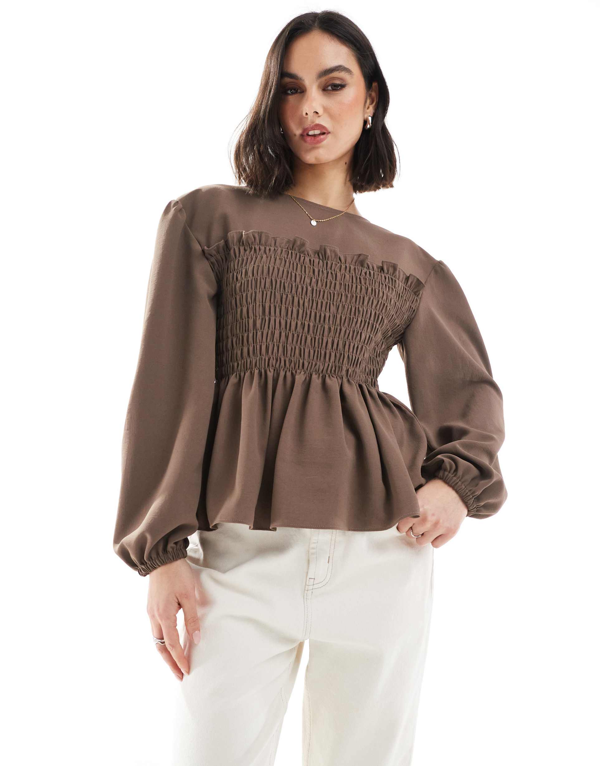 asos design shirred waist top in stone