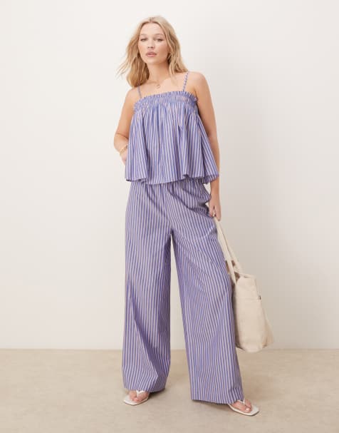 ASOS DESIGN shirred waist trousers co-ord in blue and red stripe