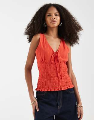 Asos Design Shirred Waist V Neck Cami In Red